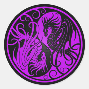 Purple and Black Flying Yin Yang Dragons Classic Round Sticker