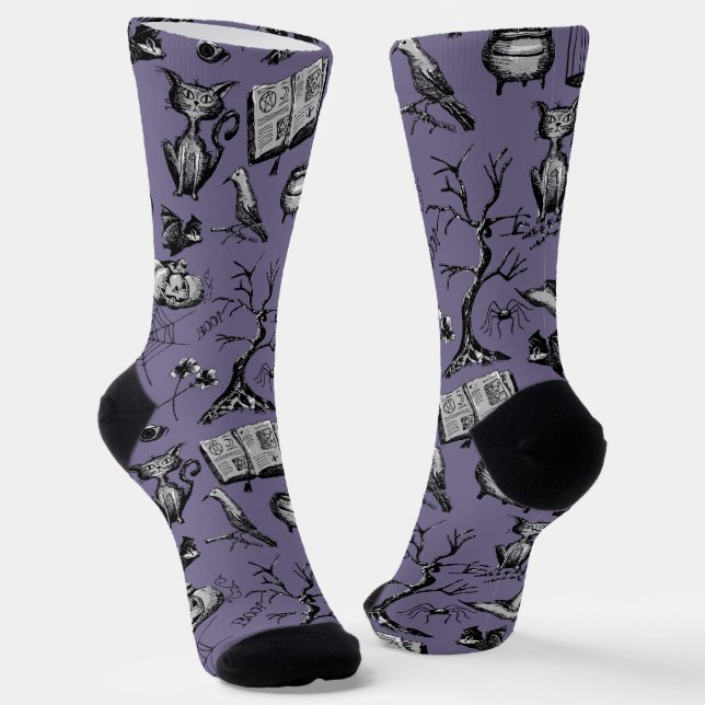 Purple and Black Fun Spooky Halloween  Socks (Angled)