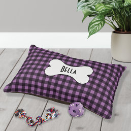 Purple and Black Gingham with Name in Dog Bone Pet Bed