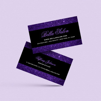 Purple And Black Glam Faux Glitter Business Card by jenniferstuartdesign at Zazzle