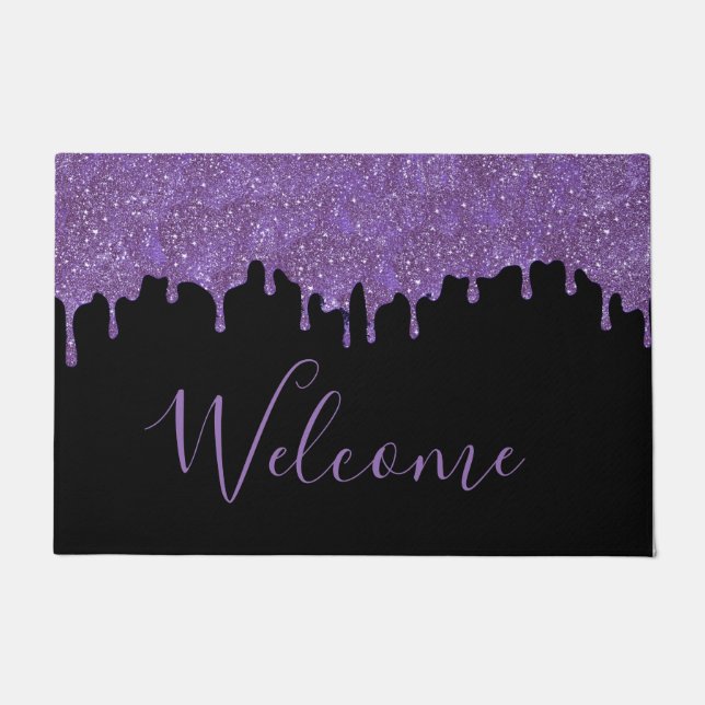Purple and Black Glitter Drips Welcome Door Mat (Front)