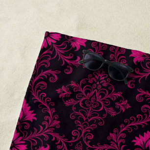 Purple and black gothic damask pattern beach towel