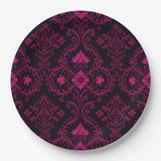 Purple and black gothic damask pattern paper plates (Front)
