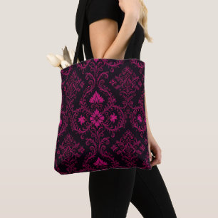 Purple and black gothic damask pattern tote bag
