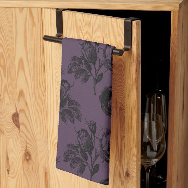 Purple and Black Gothic Floral Pattern Halloween Kitchen Towel (Thirds Fold)