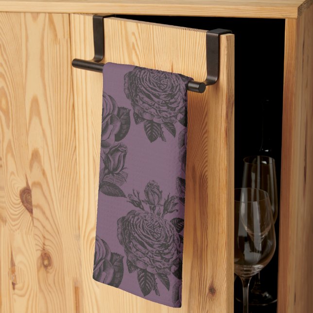 Purple and Black Gothic Roses Pattern Halloween Kitchen Towel (Thirds Fold)