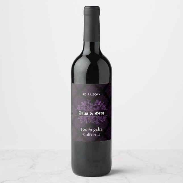 Purple and Black Gothic Wedding Wine Bottle Label (Front)