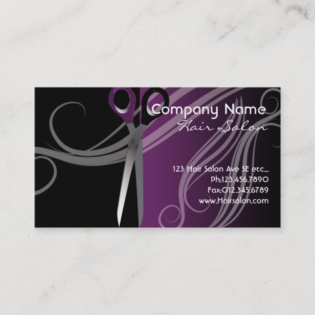 purple and black hair salon business cards (Front)