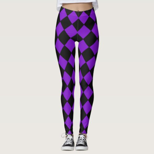 Purple and Black Harlequin Diamond Checked Pattern Leggings