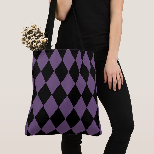 Purple and Black Harlequin Pattern Tote Bag (Close Up)