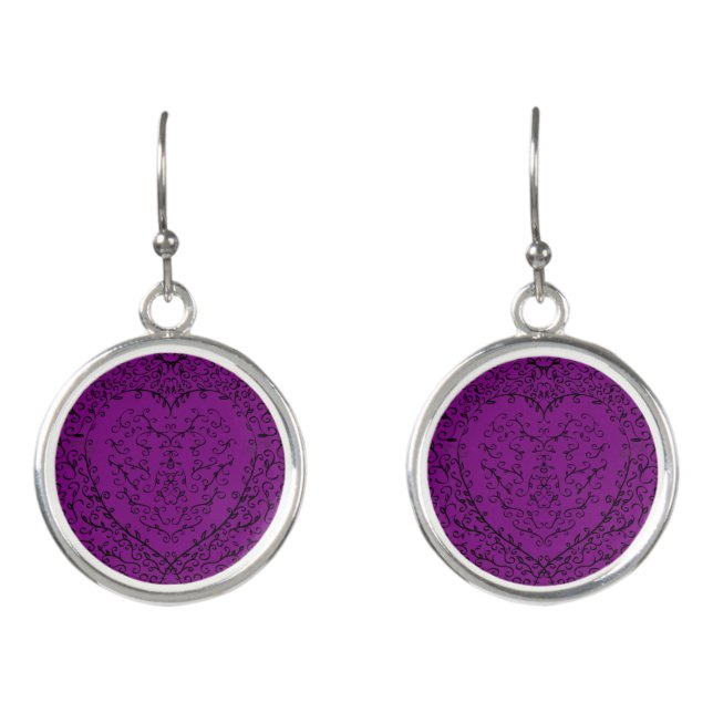 Purple and Black Heart Gothic Wedding Earrings (Front)