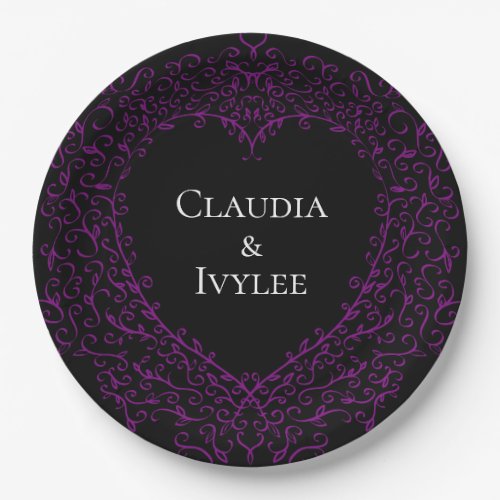 Purple and Black Heart Gothic Wedding Paper Plates