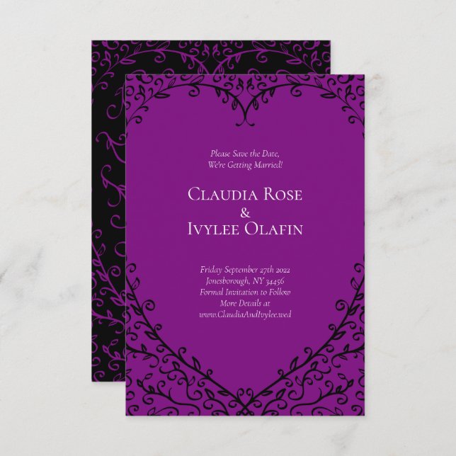 Purple and Black Heart Gothic Wedding Save the Dat Invitation (Front/Back)