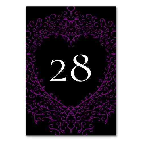 Purple and Black Heart Gothic Wedding Table Number