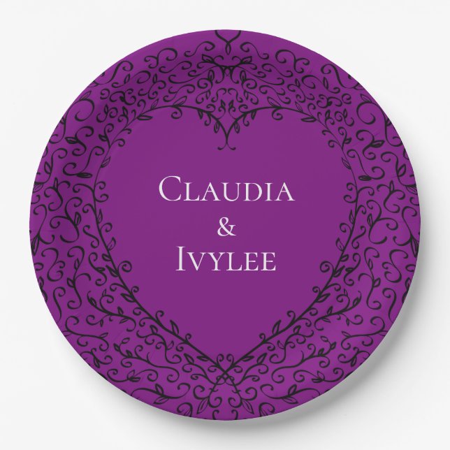 Purple and Black Heart Wedding Paper Plates (Front)
