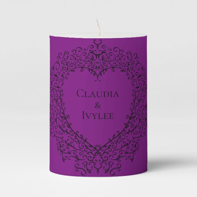 Purple and Black Heart Wedding Pillar Candle (Front)