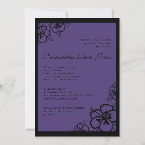 Purple and Black Hibiscus Flowers Bridal Shower Announcements