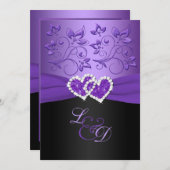 Purple and Black Joined Hearts Monogrammed Invite (Front/Back)
