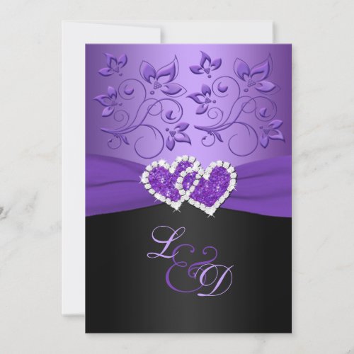 Purple and Black Joined Hearts Monogrammed Invite