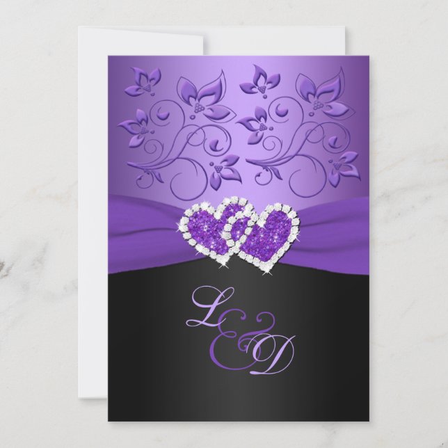 Purple and Black Joined Hearts Monogrammed Invite (Front)