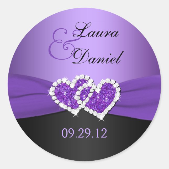 Purple and Black Joined Hearts Wedding Sticker (Front)