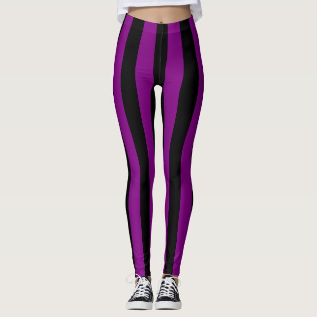 Purple and Black Large Size Vertical Stripes Leggings (Front)