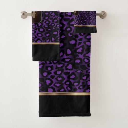 Purple and Black Leopard Pattern with Monogram Bath Towel Set