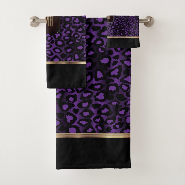 Purple and Black Leopard Pattern with Monogram Bath Towel Set (Insitu)