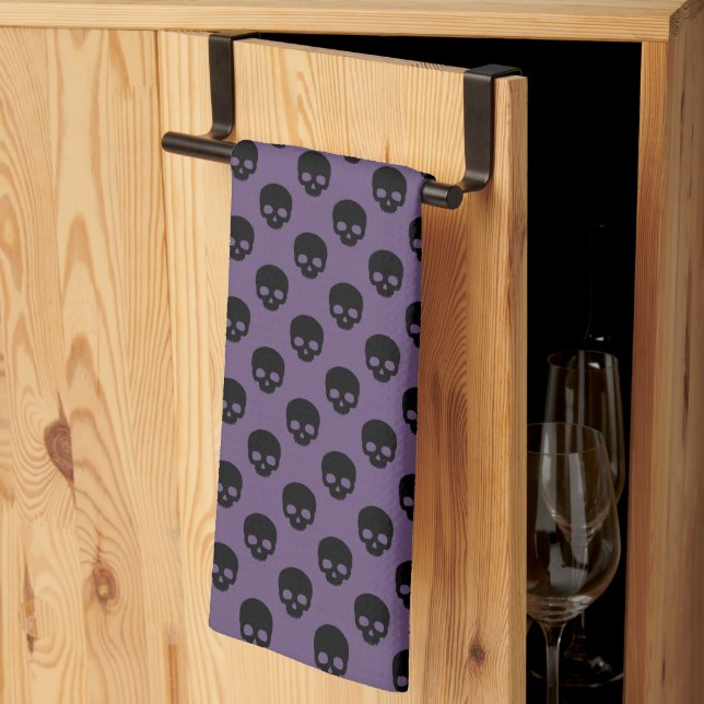 Purple and Black Little Skulls Pattern Halloween Kitchen Towel (Thirds Fold)
