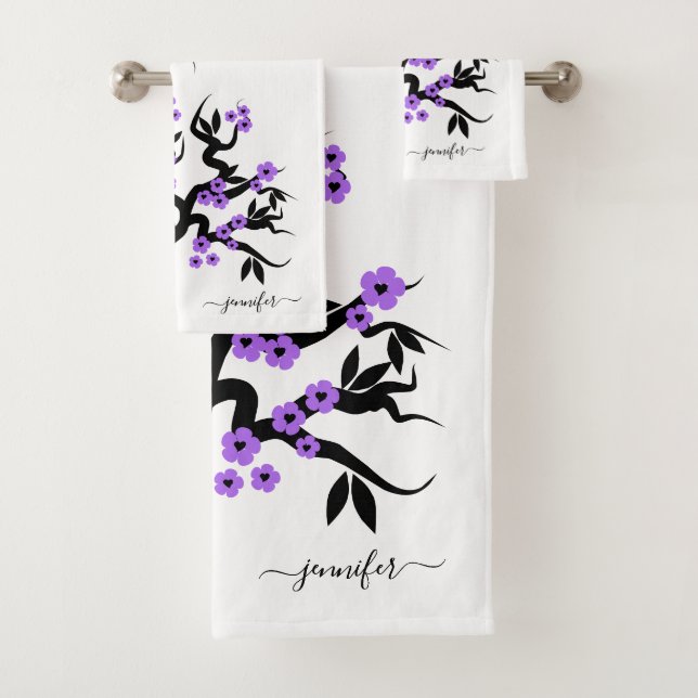 Purple and black love birds cherry tree, blossoms bath towel set (Insitu)