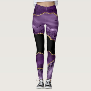Purple and Black Marbled Agate and Gold Glitter Leggings