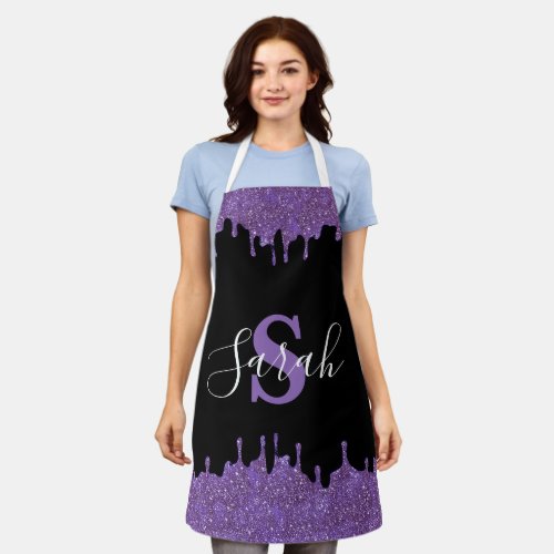 Purple and Black Monogram Glitter Drips Apron