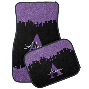 Purple and Black Monogram Glitter Drips Car Floor Mat
