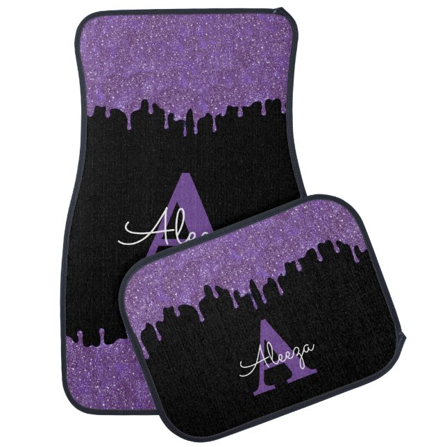 Purple and Black Monogram Glitter Drips Car Floor Mat (Set)
