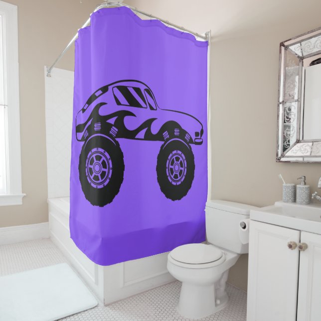 Purple and Black Monster Truck Shower Curtain (In Situ)