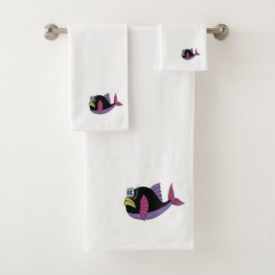 Purple and black multi color puffer fish bath towel set