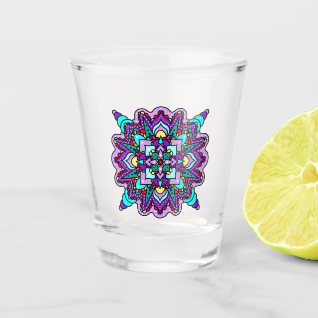 Purple and Black Mystical Colorful Mandala  Shot Glass (Front)