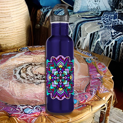 Purple and Black Mystical Colorful Mandala  Stainless Steel Water Bottle