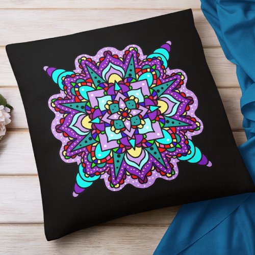 Purple and Black Mystical Colorful Mandala  Throw Pillow