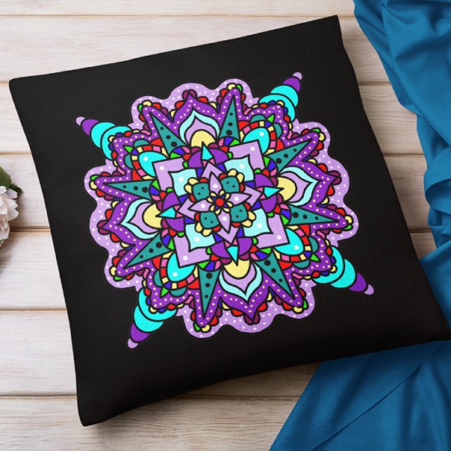 Purple and Black Mystical Colorful Mandala  Throw Pillow (Creator Uploaded)