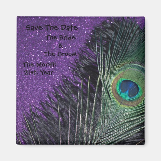 Purple and Black Peacock Wedding Magnets (Front)