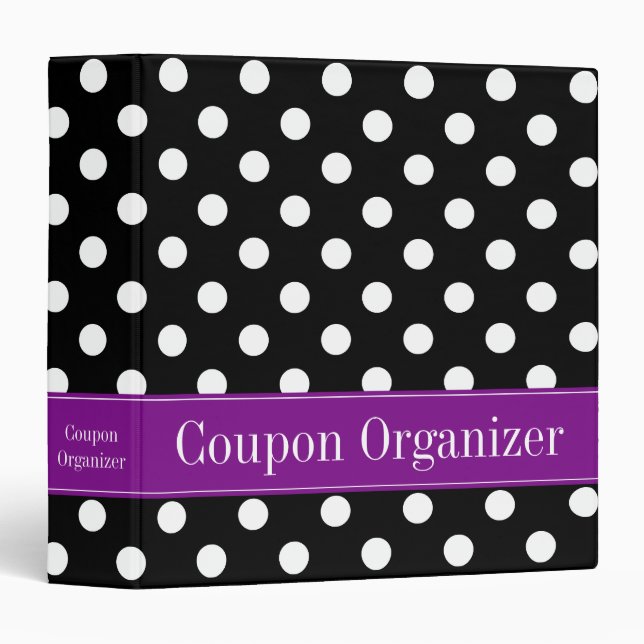 Purple and Black Polka Dot Coupon Organizer 3 Ring Binder (Front/Spine)