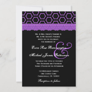 Purple and Black Retro Lace Monogram Wedding V22 Invitation