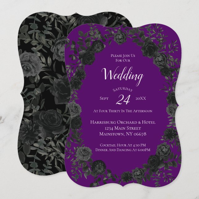 Purple and Black Rose Gothic Wedding Invitation (Front/Back)