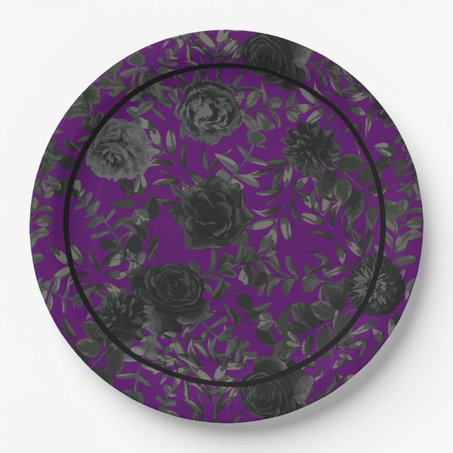 Purple  and Black Rose Gothic Wedding Paper Plates (Front)