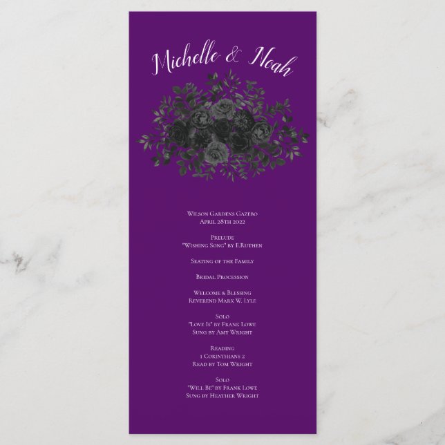 Purple  and Black Rose Gothic Wedding Programs (Front)