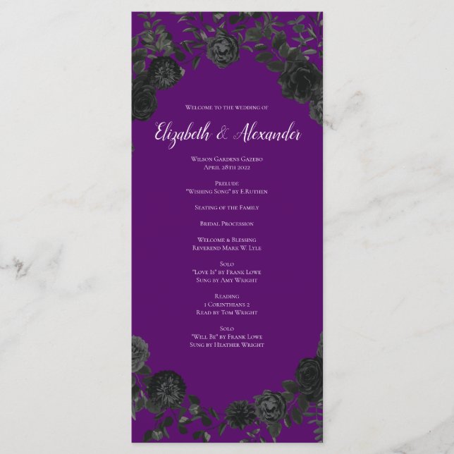 Purple  and Black Rose Gothic Wedding Programs (Front)