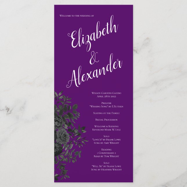 Purple  and Black Rose Gothic Wedding Programs (Front)