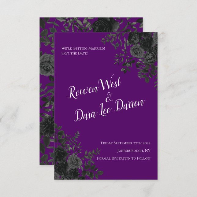 Purple and Black Rose Gothic Wedding Save the Date Invitation (Front/Back)