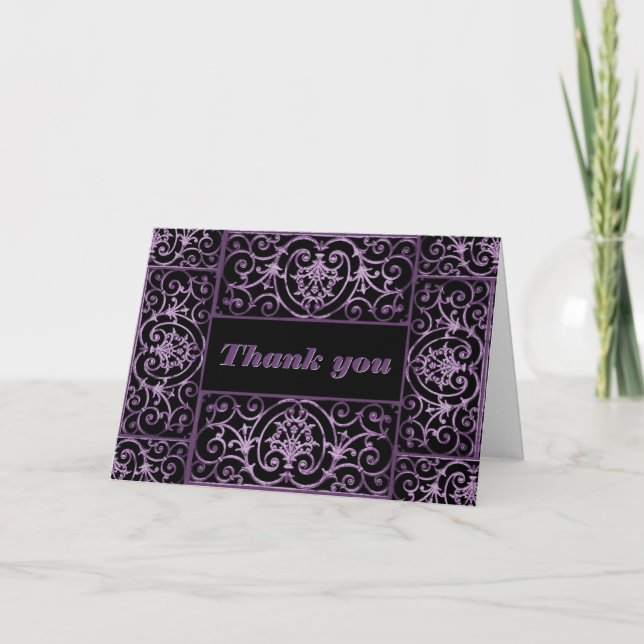 Purple and black scrollwork letterpress thank you card (Front)